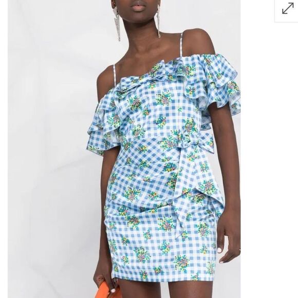 New ALESSANDRA RICH Off-Shoulder Floral Dress Medium Blue Gingham IT40/Small - Picture 1 of 16